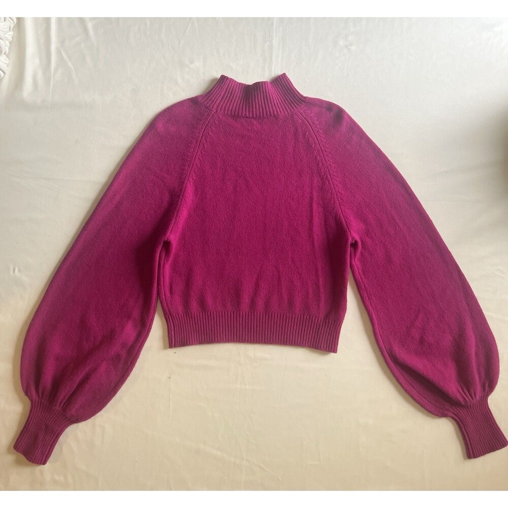BCBGMAXAZRIA Merino Wool Mock Neck Sweater Sz S Pink Magenta Bishop Sleeve Crop